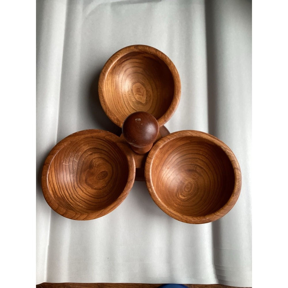 Vintage solid wood three bowl divided snack server relish, nut dish, mid-century